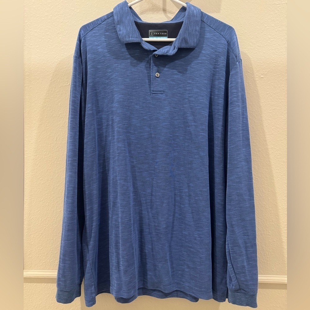 PGA Tour Men's XL Heathered Blue Polo Golf Long Sleeve Athletic Shirt